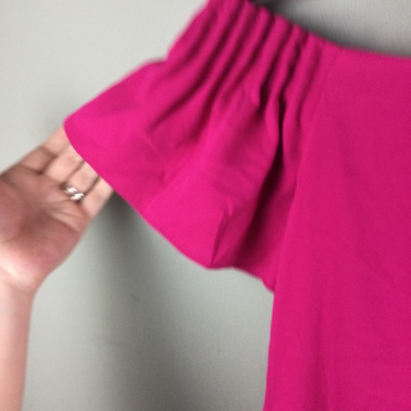 NWT Trina Turk Exceptional Off Shoulder Pintuck Pleated Pink Fuchsia Shift Dress - Picture 6 of 13